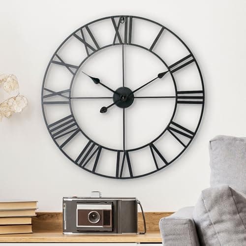 LW Collection Horloge Murale Olivier Noir 40 cm - Grande Horloge Murale avec Chiffres Romains - Horloge Murale Industrielle Silencieuse Moderne - Horloge Silencieuse