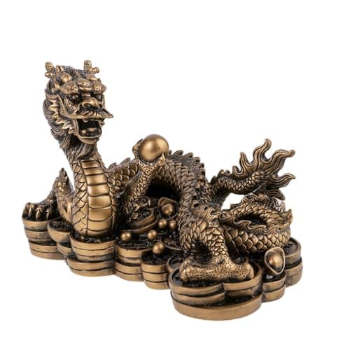 lachineuse - Figurine Grand Dragon Feng Shui - Statuette Dragon sur Sapèques - 14 x 21 x 11,5 cm - Symbole de Puissance, Force & Longévité - Décoration Asiatique Chinoise - Coloris Doré