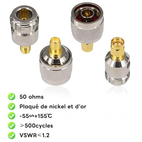 Boobrie 4PCS Kit de Connecteur Type N vers SMA Adaptateur N Mâle/Femelle à SMA Mâle/Femelle Fiche N SMA Connecteur SMA N-Type pour Antenne CB, Radio, Antenne WiFi, Antenne Routeur WiFi sans Fil