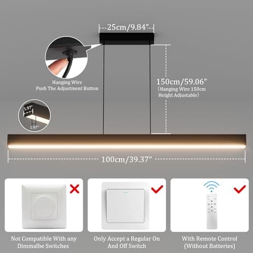 Klighten Led Lampe à suspension Table à Manger, Moderne Luminaire Suspensio, Dimmable 3000K-6000K Avec Télécommande, Plafonniers Linéaire Hauteur 150Cm Réglable, Pour Cuisine Salon, 100/36W, Noir