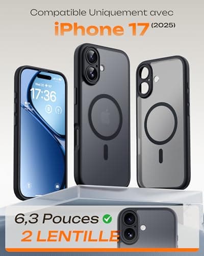 TOCOL Coque Magnétique pour iPhone 17 6,3 Pouces, Compatible avec MagSafe, Anneau Magnétique Intégré, Protection de l'objectif améliorée, Coque Mat Translucide Fine Antichoc, Noir