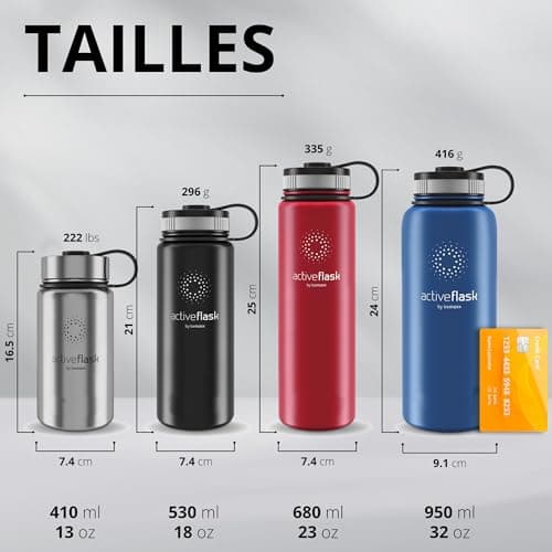Gourde Inox Isotherme ACTIVE FLASK 1l/500ml sans BPA + Paille (3 Bouchons) | Bouteille d’eau Acier Inoxydable Isolée, Thermos Réutilisable | Camping Velo Sport Running Randonnée Enfant, Café The