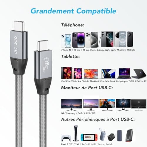 ULT-WIIQ 240W PD 3.1 Câble USB C vers USB C 3.2 Gen 2x2 Charge Rapide 20Gbps Haute Vitesse Transfert de Données 4K@60Hz Vidéo Nylon Tressé Câble USB C pour iPhone 15 Pro MacBook Samsung 2M