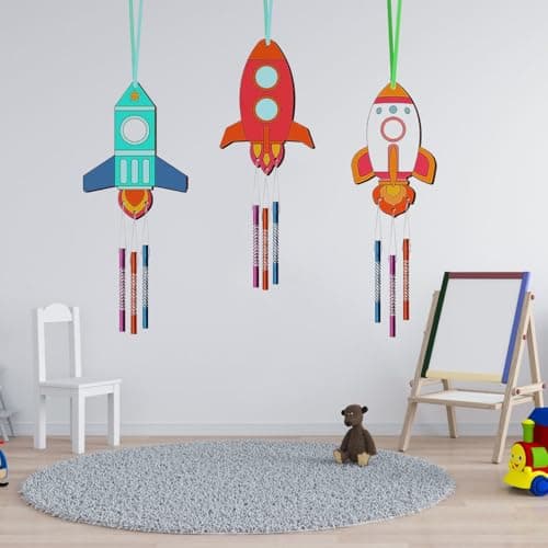 KUWUNG 12pcs Fusée Enfant Carillon a Vent Exterieur,Kits Bricolage Fusée en Bois Enfant Anniversaire, Bbricolage Enfant Artisanat Décoratifs, Manuelle Kit Creatif pour Filles Garçon Halloween