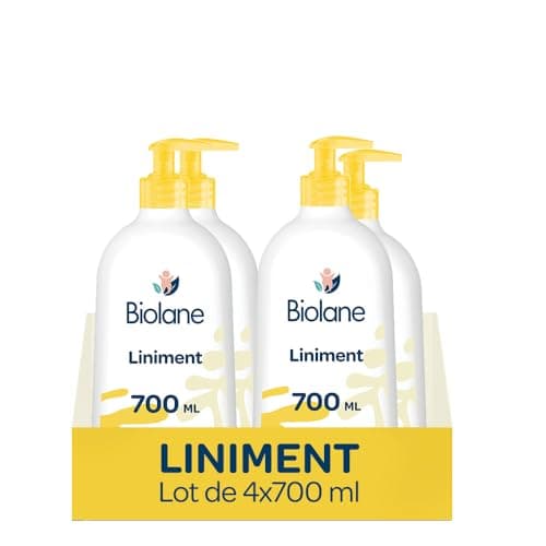BIOLANE – Lot de 4 Flacons Liniment bébé Oléo-calcaire - Nettoyant sans rinçage – 98% Origine naturelle – Peaux Sensibles - Nettoie et protège le siège de bébé – 4 Flacons 700ml – Fabriqué en France
