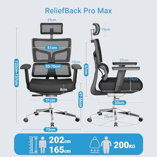 MELOKEA Fauteuil Bureau 200 KG, Personnes de Grande Taille (165-202 cm), Verrouillage à 3 Positions, Accoudoirs 3D Extra-Larges, Support Lombaire Dynamique, Chaise de Bureau XXL 200 KG, Norme EN 12520