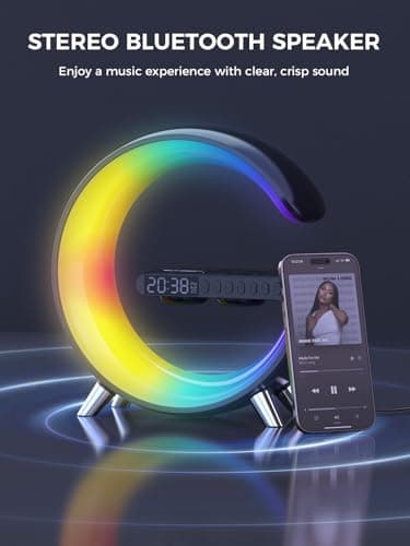 Smiling Shark Intelligente Lampe Ambiance, Lampes de Réveil Lumière avec Charge Sans Fil & Haut-Parleur Bluetooth Simulateur D'aube Dimmable Lampe de Reveil avec App Contrôle pour Chambre Salon
