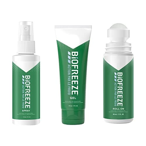 Biofreeze Lot de 1 Roll-On 89ml, 1 Spray 118ml & 1 Tube 118 ml Action per le Froid - Soulage les douleurs musculaires et articulaires