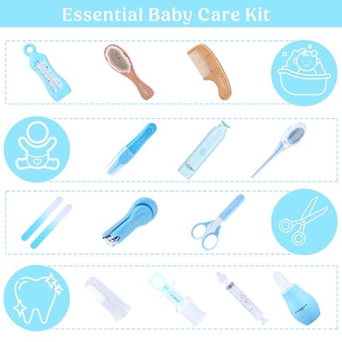 Pandagies PARIS - Trousse de Soin Bébé Naissance Française 15 Accessoires Complet Mouche Bébé Lime Ongle Electrique Trousse de Toilette Maternité Thermomètre de Bain Enfant Nourrisson