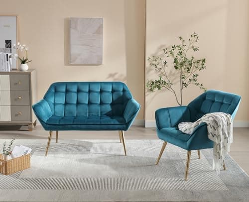 Wahson Fauteuil Salon Moderne Fauteuil Velours avec Pied Doré, Fauteul Design Salon Rembourré Fauteuil Scandinave Fauteuil 1 Place pour Salon/Chambre, Bleu