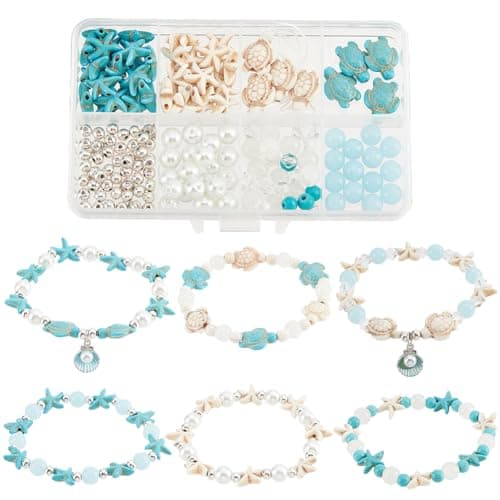 SUNNYCLUE 1 boîte 6 ensembles de Bracelets de Cheville Océan - Kit de Fabrication de Bracelets de Cheville - Perles de Tortue - Perles D'Animaux Marins - Perles de Verre Bleues D'Été Hawaïennes - Perl