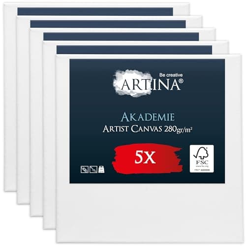 Artina Set de 5 Canvas Toile Peinture 40x40 cm – Tableau Peinture Châssis Entoilés en Bois FSC© – Tableau Toile a Peindre Blanche 100% Coton 280g/m2 – Toiles à Peindre Stable Toile Blanche Akademie