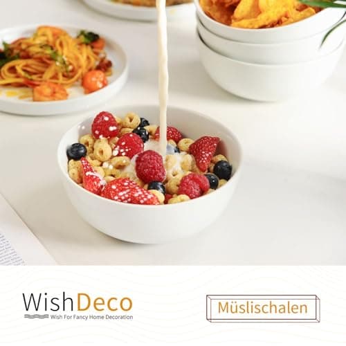 WishDeco Lot de 4 Bols à Céréales, Bols à Soupe 600ml, Bols Petit Déjeuner en Porcelaine, Bols Blancs pour Dessert, Pâtes, Nouilles, Riz, Salade, Fruits