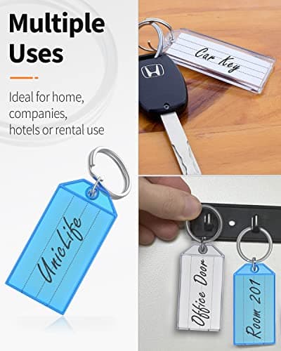 Uniclife 20 Pièces Porte Clés Porte Clef en Plastique de 5 cm avec Étiquettes en Papier Vierge Lignées Couvercles Transparents et Anneaux Fendus Identificateurs d'articles Robustes, 8 couleurs