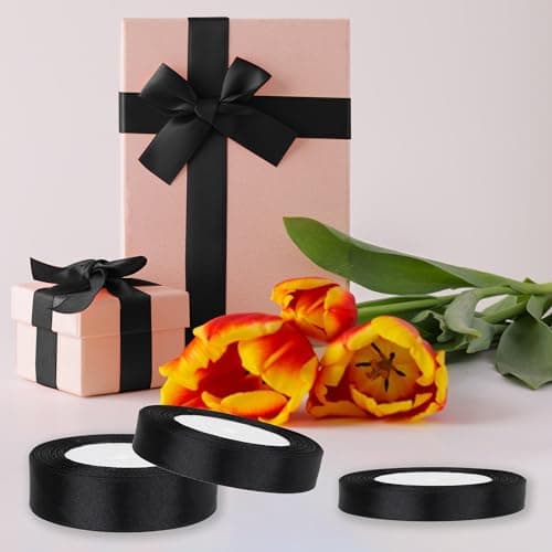 Roosea 5Pcs x 22M Ruban Noir Ruban Satin Ruban de Tissu Couture Ruban Cadeau Emballage Ruban Rouleau Ruban En Polyester Noir pour Maison Emballage Gâteau Coffrets 6mm 10mm 15mm 20mm 25mm