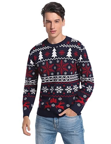 Litherday Pull de Noël Famille Unisexe Sweater Tricot à Col Rond avec Renne Flocon de Neige Arbre de Noël Imprimé Pull Manche Longue Hiver Sweat-Shirt,Noir Homme,M