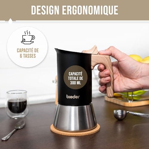 bieder - Nouvelle Nordic Moka Induction - Cafetière italienne en acier inoxydable - Convient à l'induction - Capacité 300ml - 6 tasses (6x50ml) (Noir)