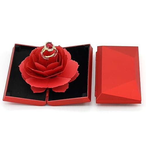 Boîte de Bague de Fiançailles Fleur Rose Boîte à Bagues 3D Pop Up Rose Fiançailles Ringbox pour Mariage Bague de Fiançailles Saint Valentin Anniversaire Proposition de Mariage, 13*7,4*2,6 cm, Rouge