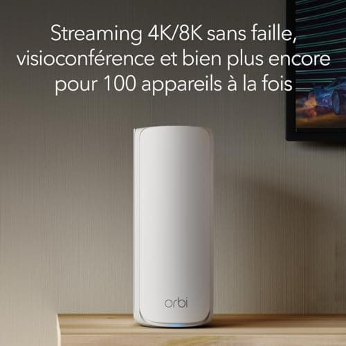 NETGEAR Orbi Système WiFi 7 Mesh Tri-Bande (RBE773) - Pack de 3 - Couverture de 750m2, 100 appareils - Port internet 2,5 Gbit/s - BE11000 (11 Gbit/s) - compatible mur épais et toutes box