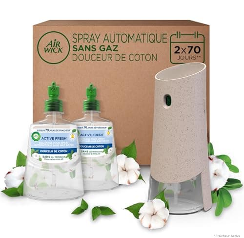 Air Wick Désodorisant Maison Spray Automatique Sans Gaz Active Fresh - 1 Diffuseur + 2 Recharges Parfum Douceur de Coton