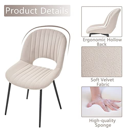 SEPNINE Lot de 2 Chaises de Salle à Manger, Chaise en Velours pour Salle à Manger Scandinave, Chaise de Cuisine Ergonomique avec Coussin Rembourré Épais, Chaise de Salon avec Pieds en Métal, Beige