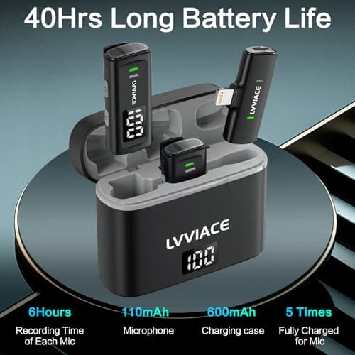 LVVIACE Micro Cravate pour iPhone iPad avec étui de Chargement de 40 Heures pour l'émetteur et l'affichage Numérique, Micro Cravate sans Filde 82 Pieds avec Annulation de Bruit (Lightning)