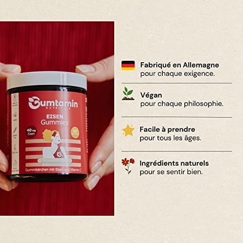 Gumtamin Gummies en fer Gumtamin avec vitamine C - Alternative hautement dosée aux comprimés et capsules de fer pour la carence en fer - 120 gummies végétaliens