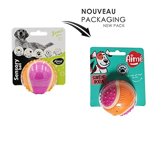 Aimé - Balle pour Chien 5 en 1 Saveur Bœuf - Jouet Interactif/Éducatif pour Développer et Stimuler les 5 Sens - Résistant Toutes Races et Tous Âges - Balle 6 cm