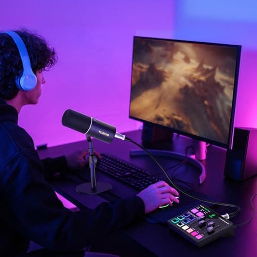 TONOR Ensemble D'équipements de Podcast, Interface Audio USB et Microphone Dynamique XLR, Kit de Podcast avec Mixeur audio RGB, Parfait pour L'enregistrement, La diffusion, Le streaming et Les Jeux