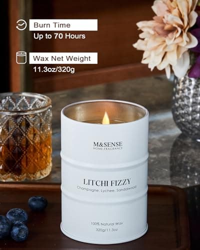 M&SENSE Bougies parfumées Litchi Fizzy, 320g 70 heures de durée de vie Bougie de soja naturelle non toxique, bougie d'été Déco maison, bougie d'aromathérapie relaxante Cadeaux pour femmes Maman amie
