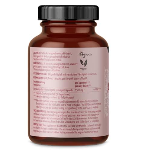 Gélules d'ashwagandha bio 150 pièces | poudre d'ashwagandha finement moulue sous forme de gélules | qualité biologique certifiée | rôle important dans l'ayurvéda indien | vom Achterhof