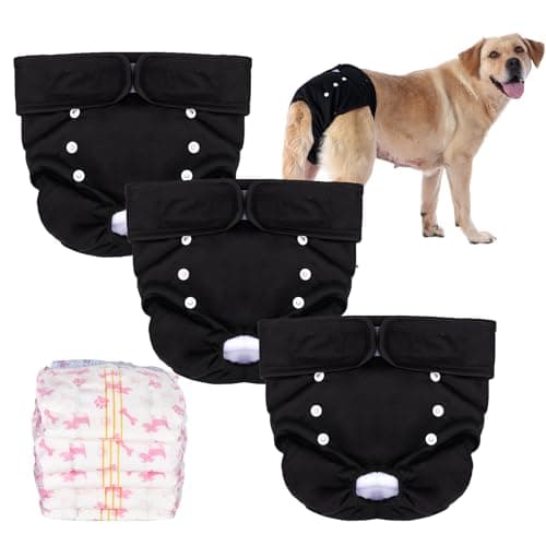HezzLuv Lot de 3 Couches Réutilisables pour Chien Femelle, Lavables Culotte Menstruelle Chien avec 5 Couches Jetables pour Chien en Périodes physiologiques, Chaleur et Incontinence, Noir, S/M/L