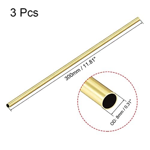 sourcing map Tube Laiton Rond 300mm Longueur 8mm Diamètre Externe 0.5mm Paroi Épaisseur Sans Couture Droit Tuyau 3 Pcs