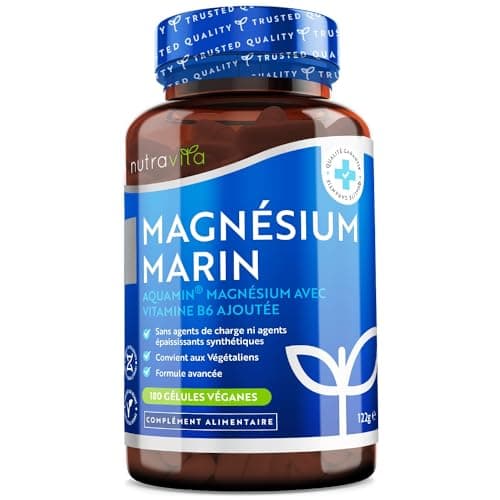 Magnesium Marin 360mg et Vitamine B6-180 Capsules Vegan - Magnesium B6 Combat la Fatigue et le Stress - Magnésium Aquamin® Hautement Biodisponible et Cliniquement Soutenu - Nutravita