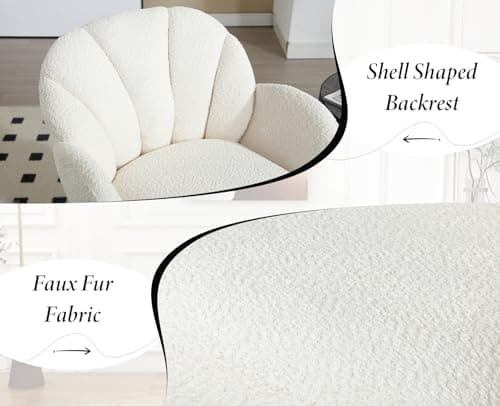 Wahson Fauteuil de Salon en Fausse Fourrure Fauteuil Crapaud Confortable Pied Pivotant Fauteuil Coquillage Siège Rembourée, Fauteuil Coiffeuse pour Salon et Chambre, Blanc