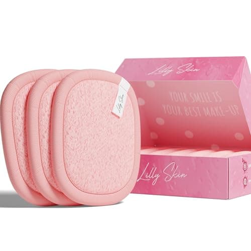 Pads Démaquillants Lavables et Réutilisables Lilly Skin - Lingettes Carrées Microfibres Nettoyantes et Exfoliantes pour la Peau du Visage - Boîte de 7 Pads en Tissu Simili Coton - Rose Poudré - XL