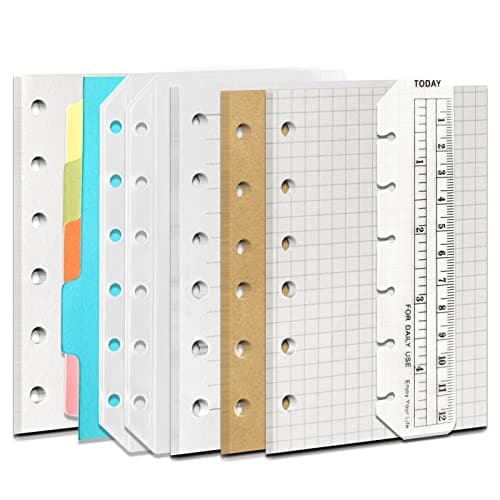 DY.2ten Lot de recharges A7 pour carnet de notes à 6 trous - 180 feuilles (recharges de papier quadrillé + papier ligné + papier kraft + papier vierge à feuilles volantes)