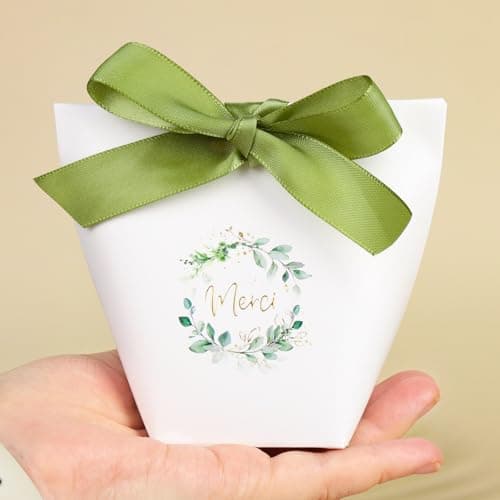 24Pcs Boîte Dragée Sachet Bonbon Ballotin “Merci” Cadeau Invité pour Mariage Baptême Communion Anniversaire Noël avec Ruban (Vert)
