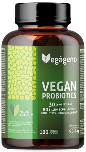 Vegágeno Probiotique Flore Intestinale 180 gélules végétales, 30 souches bactériennes avec zinc, 80 milliards UFC - Probiotique Flore Intime. Prebiotique et Probiotique. Convient aux végétaliens.