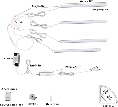 Cefrank LED Sous Vitrine, 4pcs 30cm barres lumineuses LED en V-Forme éclairage d'armoire 1200lm 12W, Blanc (6000K)