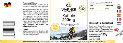 Caféine Comprimés 200mg - Haute Dose - Vegan - 250 Pièces | Warnke Vitalstoffe - Qualité des pharmacies allemandes