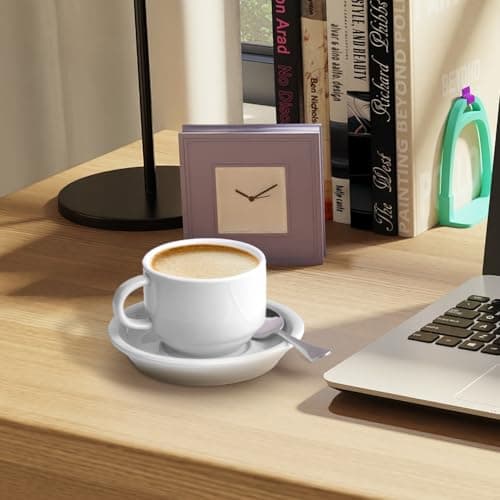 homEdge Lot de 4 tasses à expresso et soucoupes de qualité supérieure avec cuillères à expresso, 70,9 g, blanc