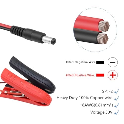 YACSEJAO Câble d'alimentation DC à pinces crocodiles pour batterie DC 5,5 2,1 mm mâle vers pinces de batterie 12-24 V pour chargeur de voiture pour accessoires automobiles (1,8 m)