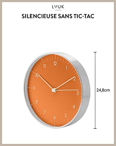 LUUK LIFESTYLE Horloge Murale en Quartz avec mécanisme Silencieux, Design Simple, pour Bureau, Cuisine, Salle de Bain, Cadeau de déménagement, 24 cm en Orange et Argent