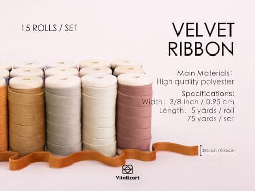 Vitalizart Ruban Velours 15 Couleurs 0,95 cm x 4,57 m x 15 Rouleaux, Bobine en Bois, Ruban en Tissu pour la Décoration de Couronnes de Noël, l'Artisanat, les Ornements, l'Emballage de Cadeaux