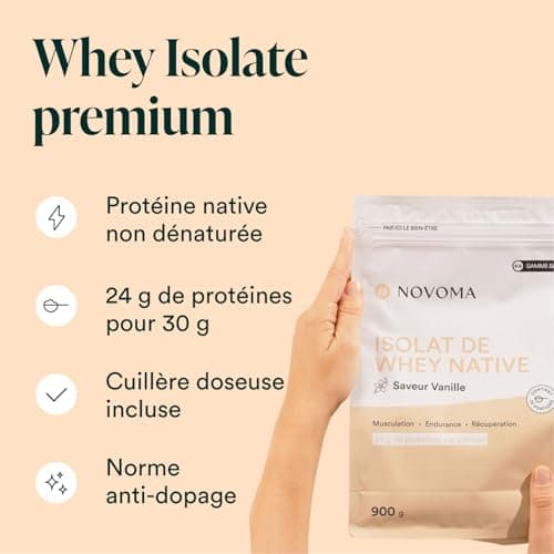 NOVOMA Whey Isolate Native, Protéine Pure Non Dénaturée, 24g de Protéines par Portion, Saveur Vanille, Musculation et Récupération, 30 Portions, Sachet 900g, Fabriqué en France