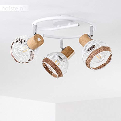 Plafonnier Bariloche en bois, raffia & métal blanc, 3 spots de plafond pivotants créant un effet lumineux au plafond par les abat-jours grillagés, pour 3 ampoules E27, ampoule(s) non incluse(s)