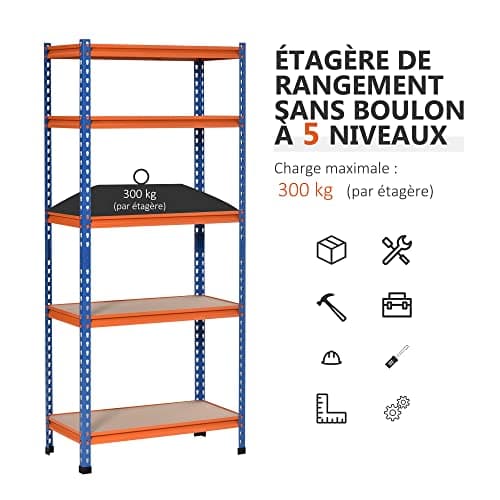 HOMCOM Étagère Charge Lourde en métal à 5 Niveaux étagère de Garage étagère de Rangement capacité 1500 kg 80 x 40 x 182 cm Bleu Orange