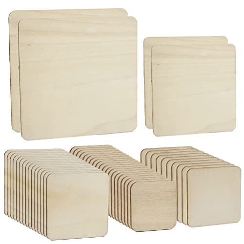 Lot de 49 carrés en bois non traité, 5 tailles de plaques de bois naturel vierges, pour bricolage, loisirs créatifs, pyrographie, art sculpté, dessous de verre, peinture, décoration