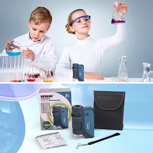 Microscope de Poche 60x-120x, Mini Microscope Portable avec Zoom éclairé par LED, 5 Lames de Microscope préparées, Microscope Portable pour Les Enfants, Les étudiants, l'observation microbiologique